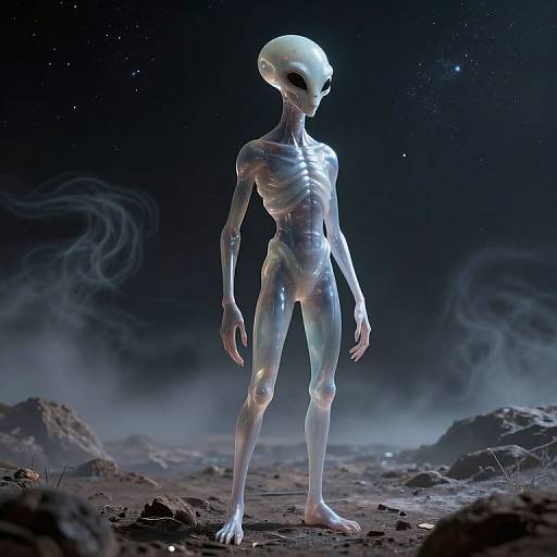 CGI image of a translucent, alien humanoid with a large, smooth head standing on a rocky, misty, starry night landscape.