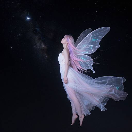 Digital artwork of a ethereal, fair-skinned fairy with long pink hair, translucent wings, and white dress, floating against a starry black background