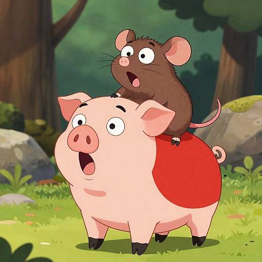 Surprised Cartoon Pig and Brown Rat in Forest