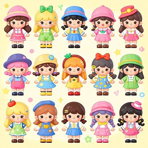 Cute, colorful digital cartoon of 16 anime-style girls in various outfits and hats, standing in a grid pattern on a yellow background.