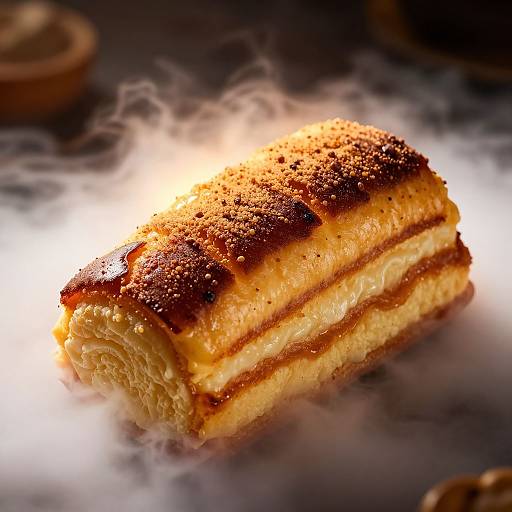 Photograph of a golden-brown, layered pastry with crispy, browned top and fluffy, creamy interior, surrounded by wisps of steam.