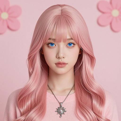 Young Woman with Long Wavy Pink Hair