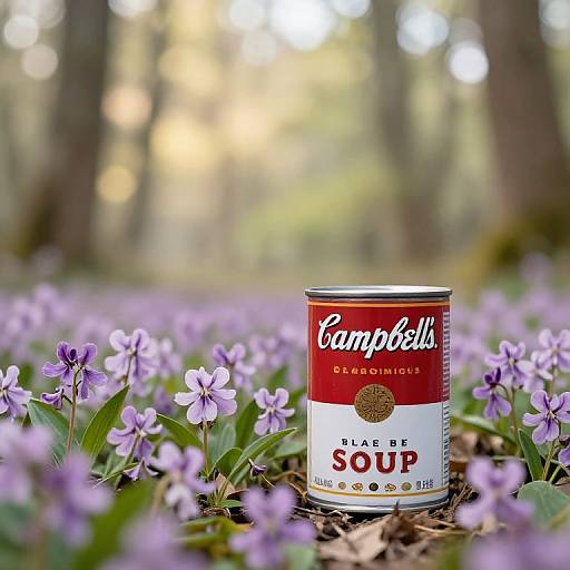 Photograph of a Campbell's condensed soup can surrounded by purple wildflowers in a sunlit forest, with blurred trees in the background.