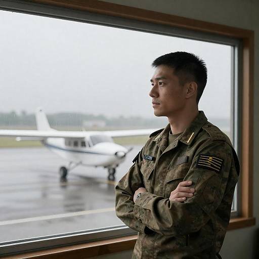 Serious Soldier Gazing Through Rainy Window