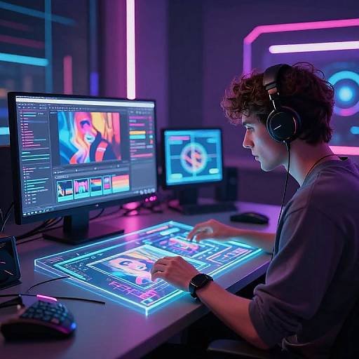 Photograph of a curly-haired young man with headphones, focused on glowing blue and pink neon-lit computer setup in a dimly lit room.