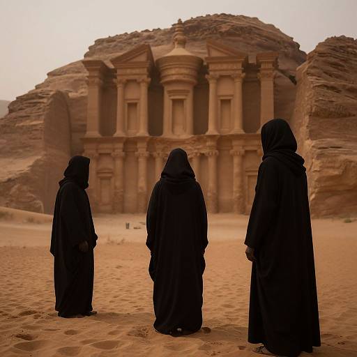 Photograph of three robed figures in black standing in a desert, facing a massive ancient, sandstone temple with columns in the background.