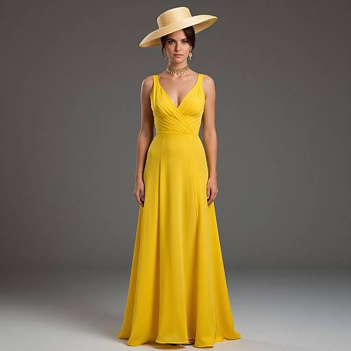 Photograph of a woman in a bright yellow, V-neck, sleeveless gown with a wide-brimmed straw hat, gold necklace, and dark