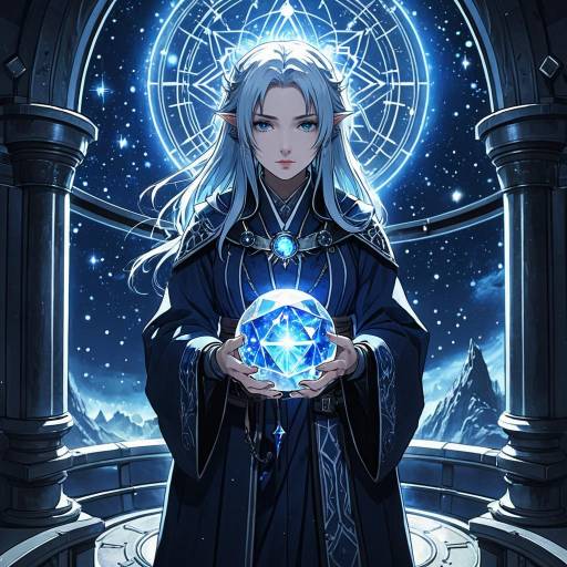 Ethereal Mage Holding Crystal Orb in Starlit Observatory