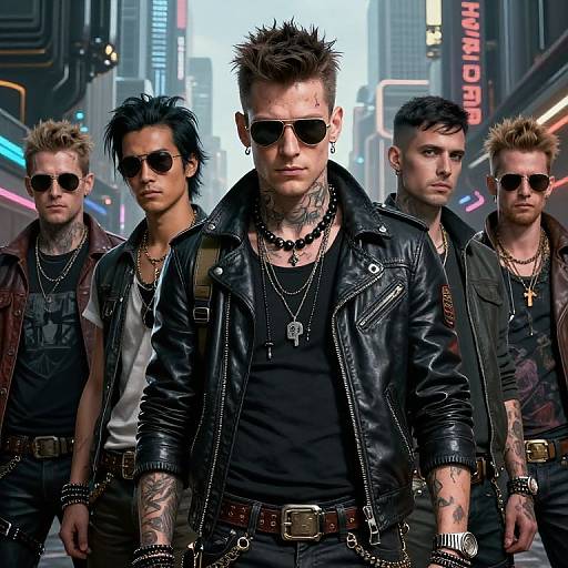 Photorealistic digital artwork of five tattooed, spiked-haired men in black leather jackets and sunglasses, standing confidently in a neon-lit, futuristic city