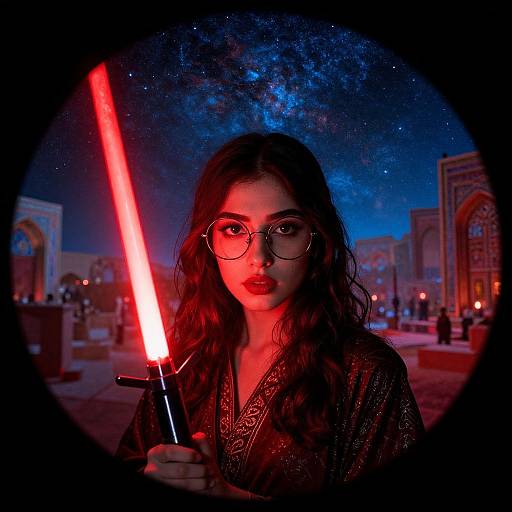 Photograph of a young woman with long dark hair, glasses, and red glowing lightsaber, wearing a dark patterned robe, against a starry