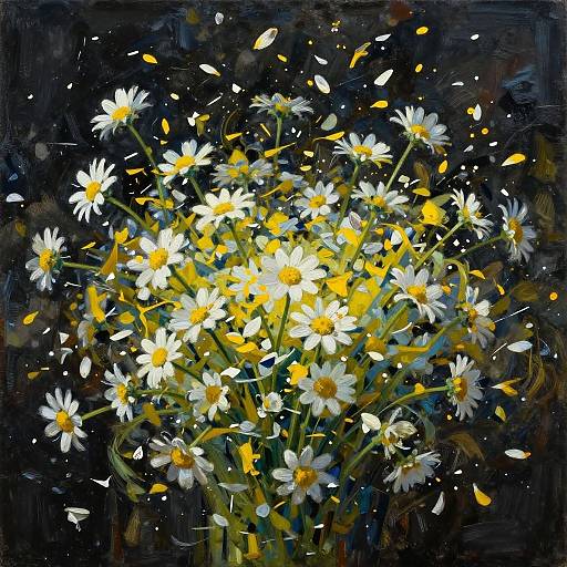 Vibrant oil painting of a bouquet of white daisies with bright yellow centers, set against a dark, abstract background.