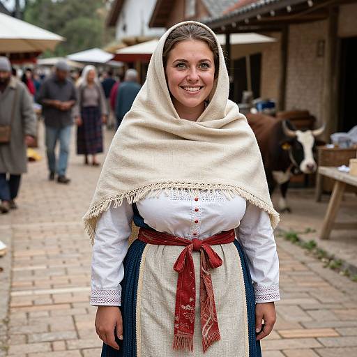 Photograph of a smiling woman in traditional Bavarian attire, white shawl, white blouse, blue dirndl, red apron, standing on a