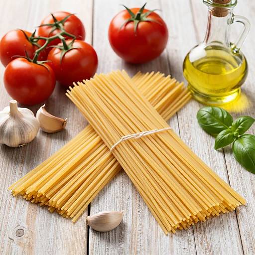 Photograph of dried spaghetti bundles tied with twine, surrounded by fresh tomatoes, garlic cloves, basil, and an olive oil bottle on a rustic wooden