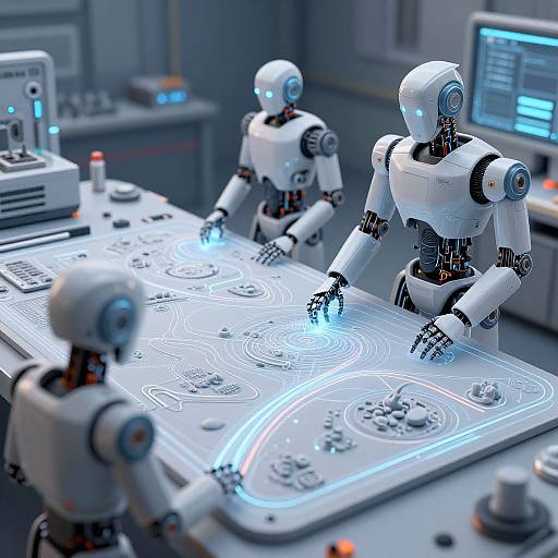 Photorealistic CGI of three white, glowing robotic arms with black joints operating a futuristic, illuminated control panel in a sleek, gray laboratory.