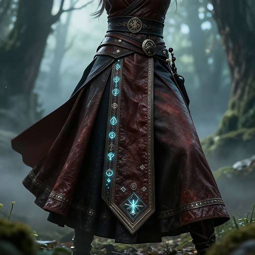 Digital fantasy artwork of a dark maroon leather dress with glowing blue runes, set in a misty forest. Detailed belt and intricate embroidery. Background features
