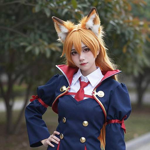 Photograph of a young woman in fox cosplay with orange hair, fox ears, and a navy blue military-style jacket with red accents, standing outdoors in