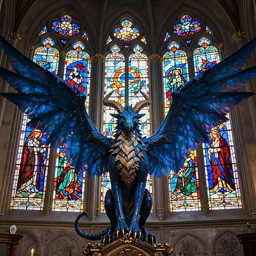 Photograph of a vivid blue dragon with large wings, standing in front of colorful, ornate stained glass windows in a Gothic cathedral.