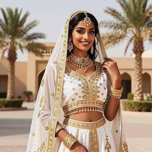 Indian bride in white and gold traditional attire, adorned with jewelry, smiling outdoors beside palm trees, with a sunny, desert-like background.