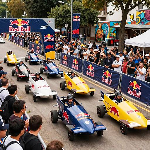 Photograph of a Red Bull-sponsored kart race on a street, with colorful karts and a cheering crowd behind blue barriers.