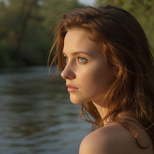 Photograph of a fair-skinned woman with long brown hair, blue eyes, and pink lips, gazing thoughtfully at the camera, standing by