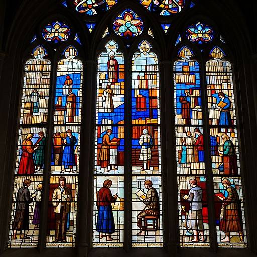 Vibrant stained glass window depicting various biblical scenes with colorful figures, set in tall, arched panels, inside a church.