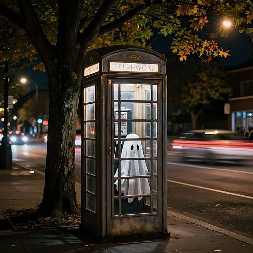 Photograph of a lit-up British phone booth at night, with a white ghost costume figure inside, surrounded by blurred street lights and trees.