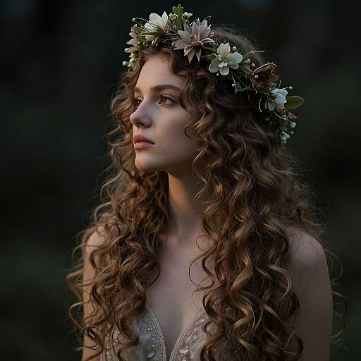 Photograph of a beautiful young woman with long, curly brown hair, wearing a white flower crown, gazing into the distance, in a dimly