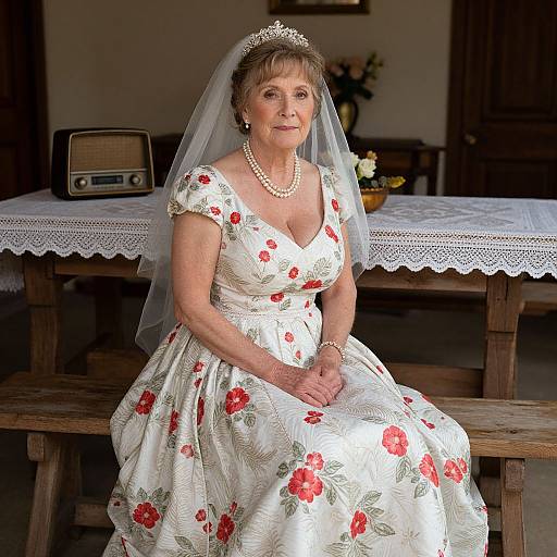 Photograph of an elderly woman in a white floral dress and pearl necklace, seated on a wooden bench, wearing a tiara and veil, in a