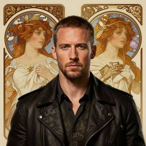 Photograph of a serious, bearded man in black leather jacket, superimposed over two detailed, Art Nouveau-style illustrations of red-haired women