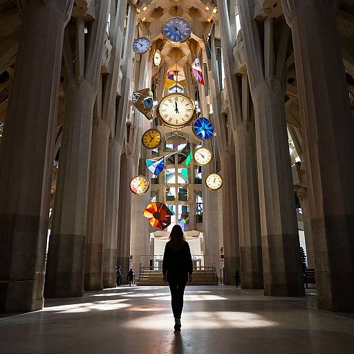 Photograph of a silhouetted person walking under a large, ornate clock with colorful, glowing orbs in a grand, Gothic-style building.