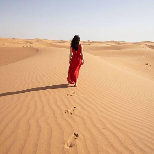 Photograph of a woman with long black hair in a flowing red dress walking alone in a sunlit, rippled desert landscape.