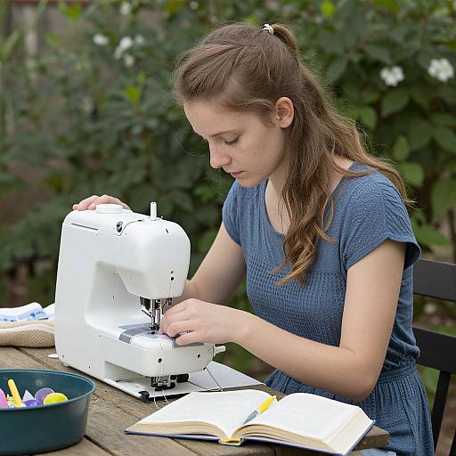 Young Woman Sewing in Garden