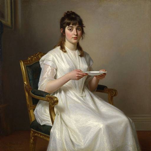 Classical portrait painting of a young woman with fair skin, brown hair, and blue eyes, wearing a white, sheer dress, seated on a gold