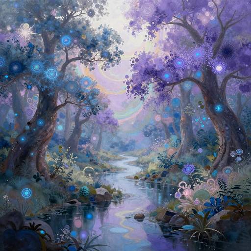 Digital fantasy artwork of a mystical forest with glowing blue and purple orbs, ethereal light, twisted trees, and a reflective stream.