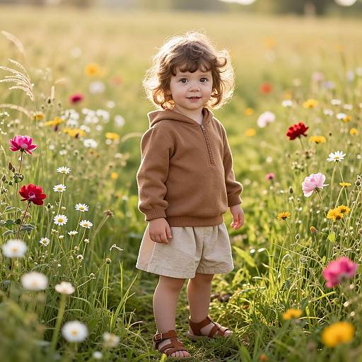 Photograph of a curly-haired toddler in a brown hoodie and beige shorts, standing in a sunlit meadow with colorful wildflowers.
