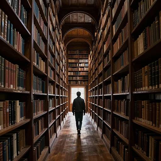 Photograph of a solitary figure in dark clothing walking down a long, dimly lit library aisle flanked by tall wooden bookshelves, with bright