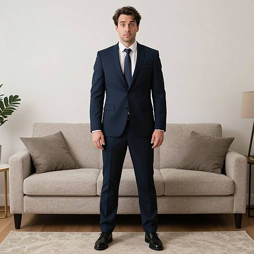 Photograph of a handsome man with short brown hair, wearing a black suit, white shirt, and black tie, standing in front of a beige sofa