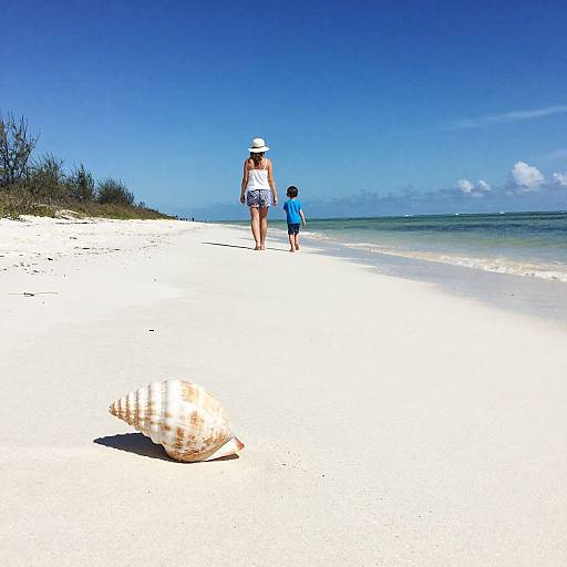 Photograph of a woman in a white sundress and hat, walking on a white sandy beach with a blue sky and ocean, accompanied by a small