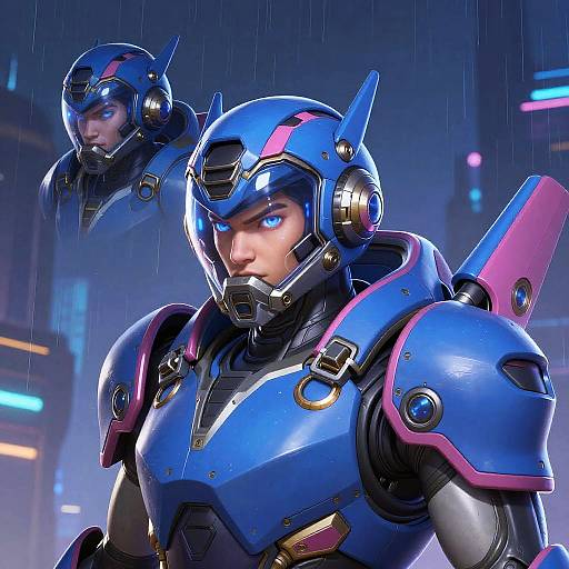 Digital art of two futuristic, blue and pink armored soldiers with helmeted faces, standing in a rainy, neon-lit cityscape.