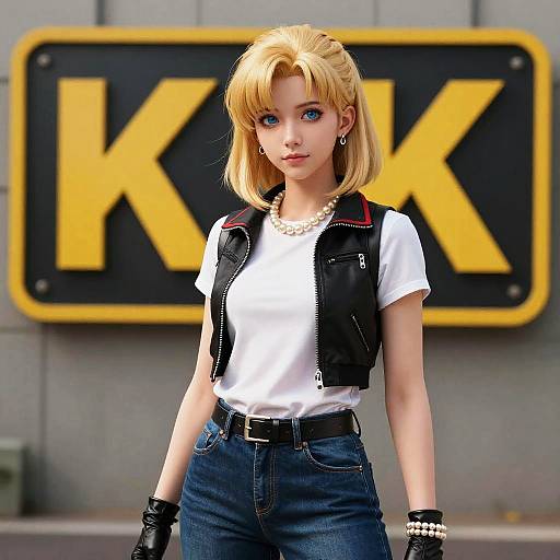 Digital artwork of a blonde woman with blue eyes, wearing a white shirt, black vest, blue jeans, pearl necklace, and black gloves, standing in