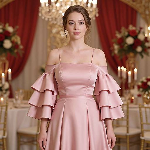Photograph of a young woman with fair skin and brown hair in an off-shoulder pink ruffle dress, standing in an elegant, candlelit