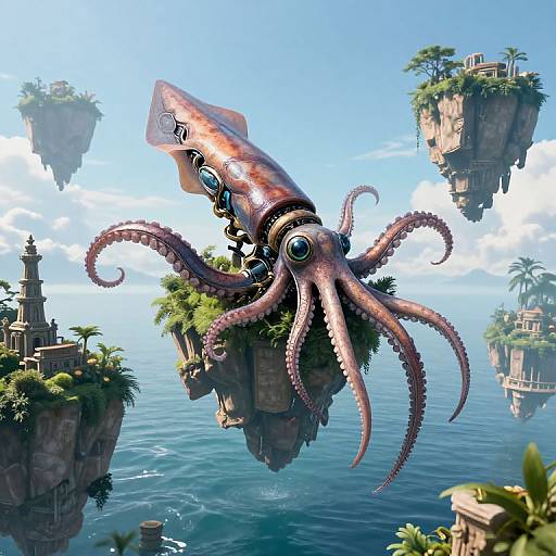Digital art of a large, pink squid-like airship with tentacles, flying over a tropical, island-filled ocean with ancient ruins.