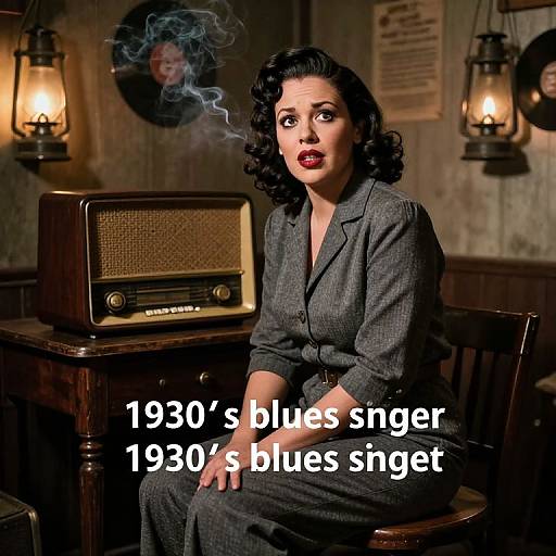 Vintage photograph of a shocked woman in a gray pinstripe suit smoking, with a 1930s radio and lanterns in the background. Text