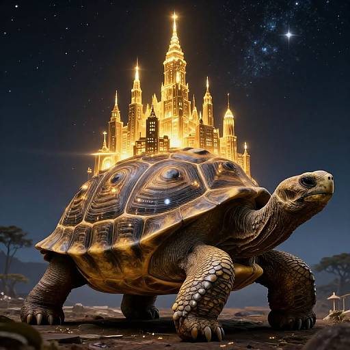 Digital artwork of a giant, detailed turtle with a glowing, golden castle on its shell under a starry night sky.