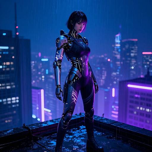 Cyborg woman in neon-lit, rain-soaked cityscape, wearing black, glossy, form-fitting armor with purple highlights, standing confidently on