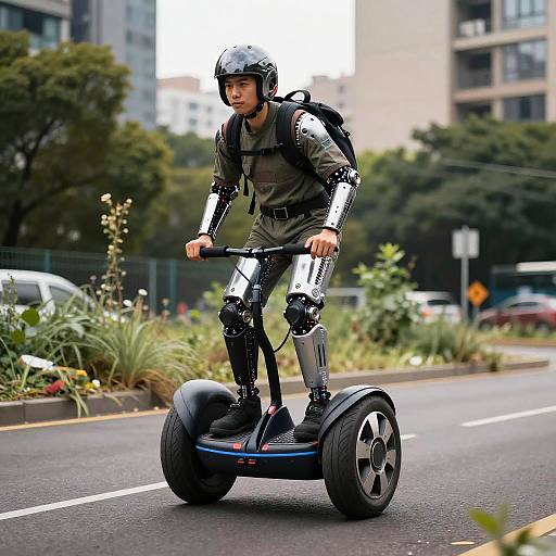Man with Robot Limbs Riding Segway in Urban Setting