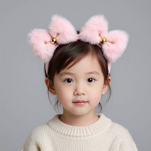 Photograph of an Asian toddler with fair skin, black hair, wearing fluffy pink cat ears with gold bells, and a white knit sweater, against a