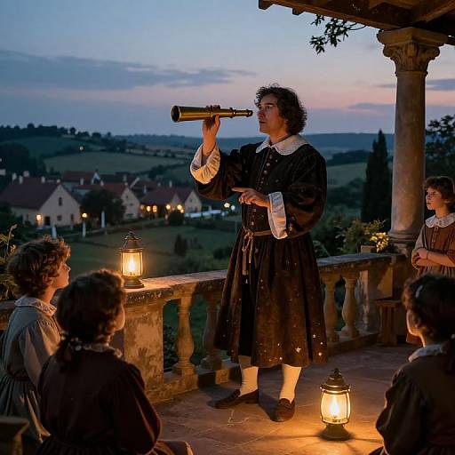 Photograph of a young woman with curly hair, in a black Renaissance dress, standing on a balcony at dusk, holding a telescope, illuminated by lantern