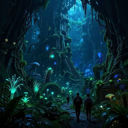 Digital fantasy artwork of a luminescent, enchanted forest with glowing mushrooms, blue bioluminescent plants, and a mysterious, moss-covered, tower