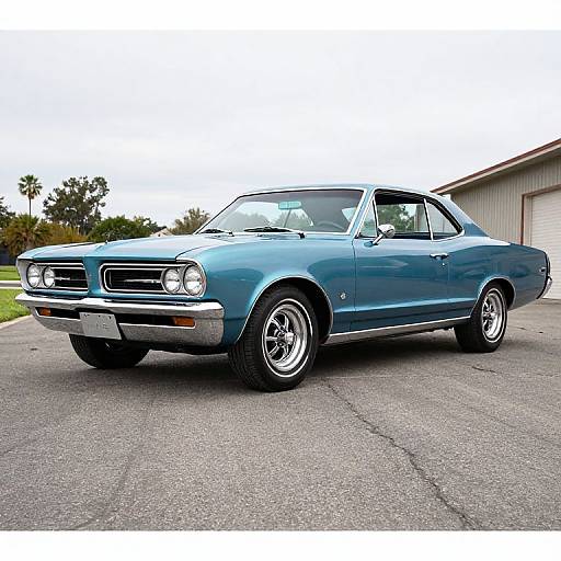 Photograph of a classic, blue 1960s muscle car with chrome details, parked on a gray asphalt driveway, against a suburban backdrop.